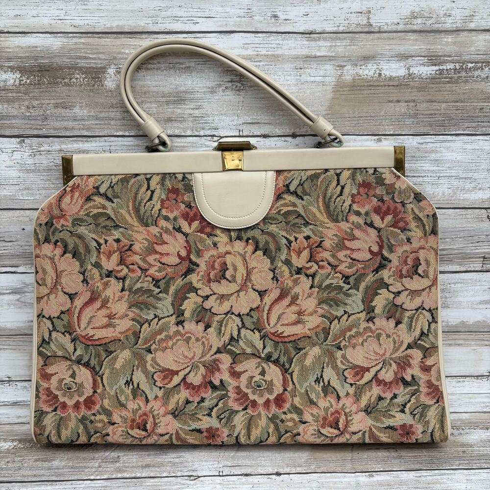 VTG Tapestry Handbag Cream Floral‎ Frame Bag Large Retro MCM GrannyCore Romatic